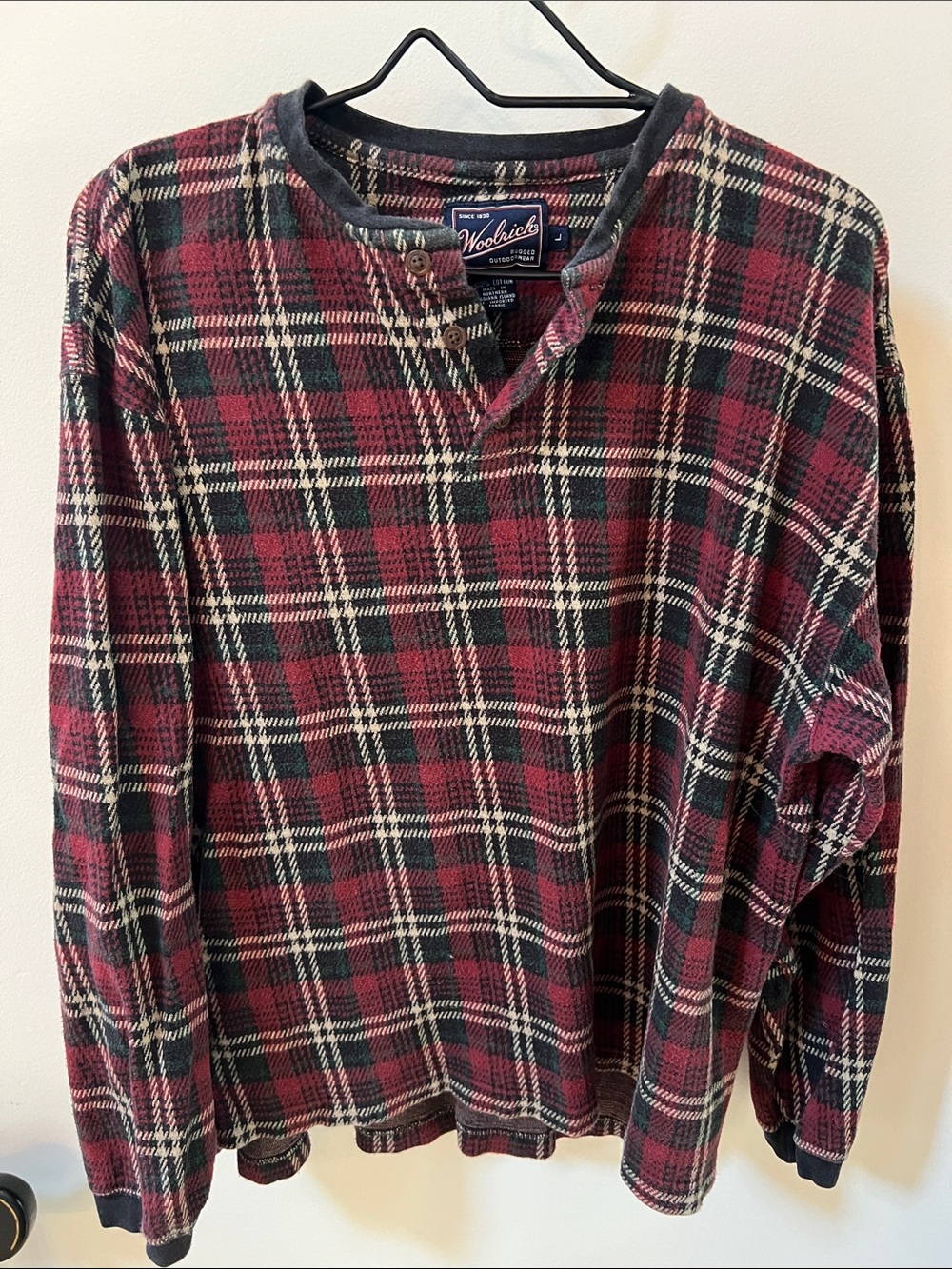 Woolrich Men's Red and Black Plaid Henley Sweatshirt